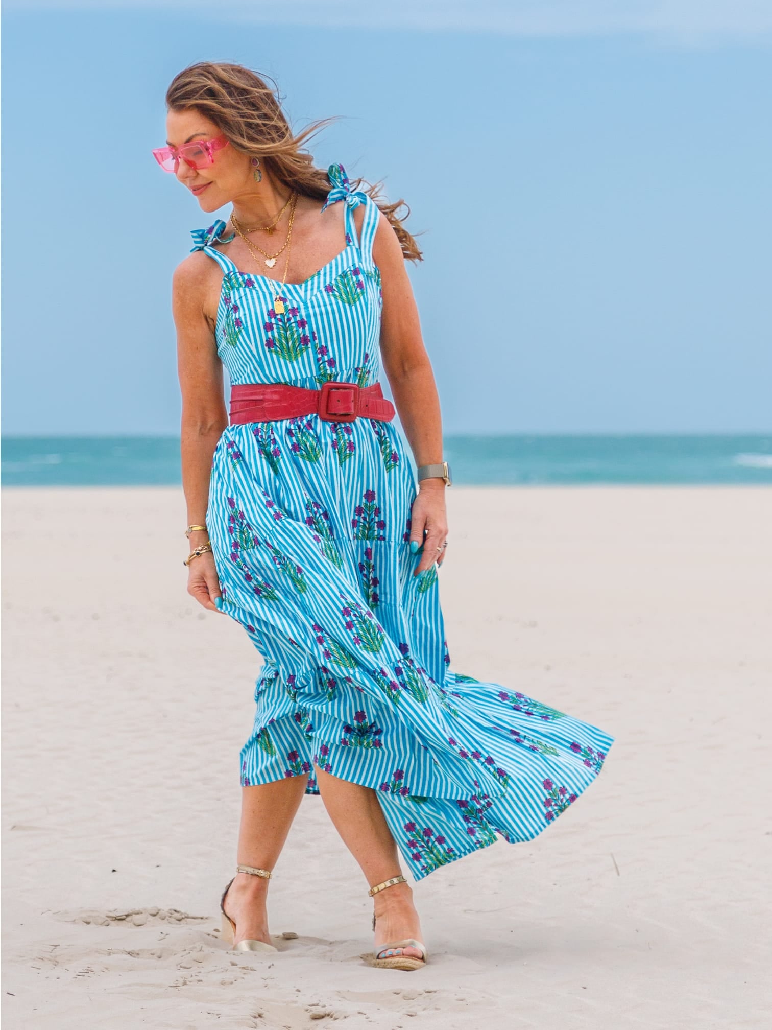 AMORE" Dress - Sustainable Organic Dress UK Stripy Blue Block Print Midi New Day Originals AMORE" Dress - Sustainable Organic Dress UK Stripy Blue Block Print Midi New Day Originals