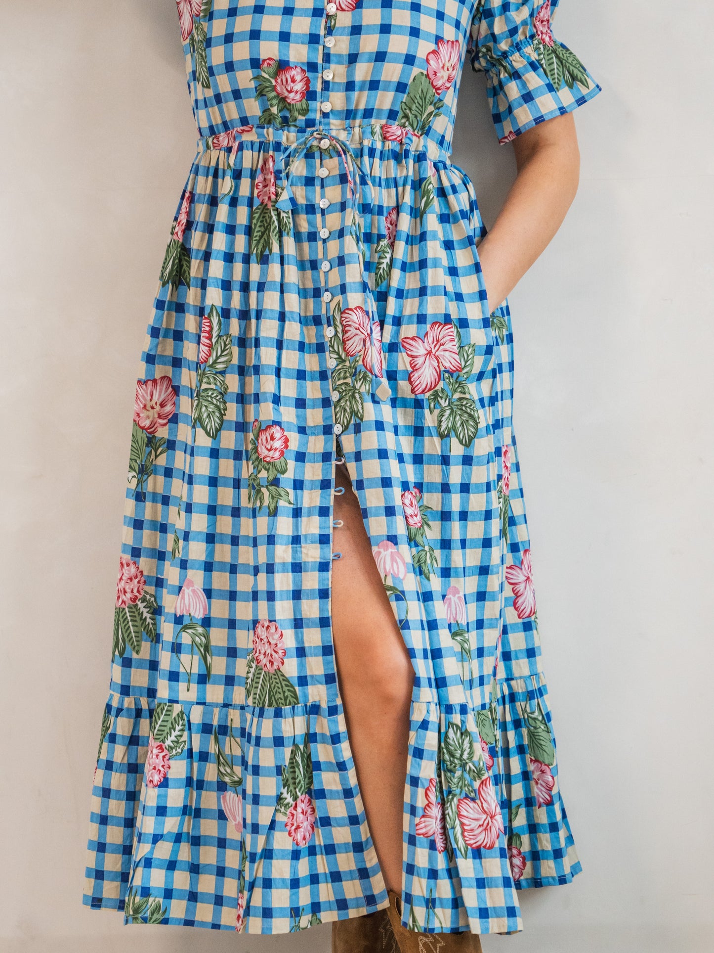 'CHERISH' DRESS IN BLUE GINGHAM FLOWER