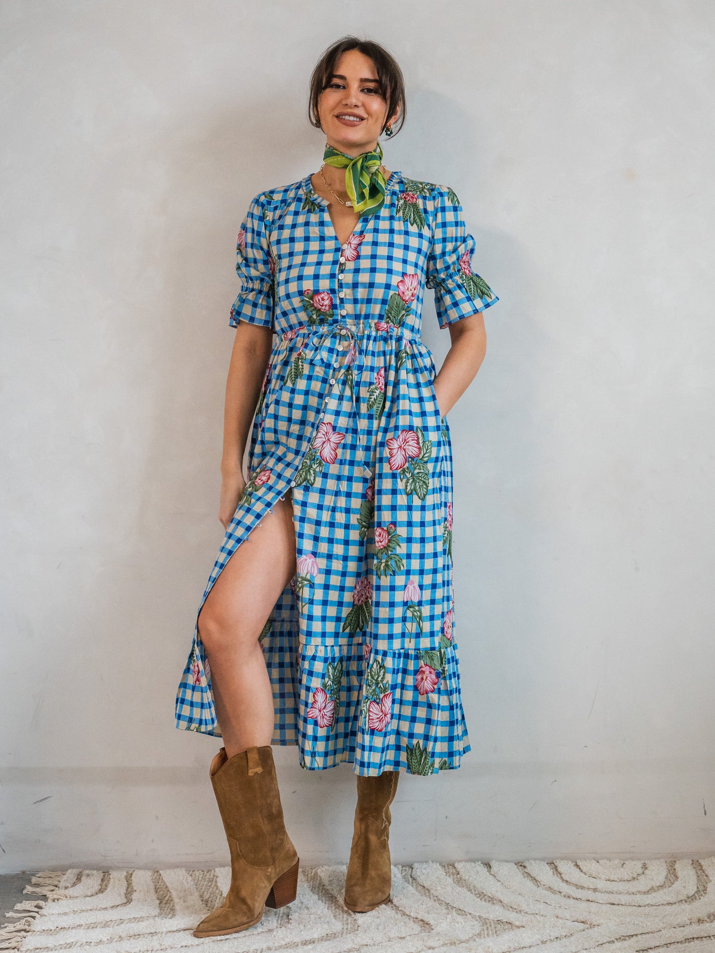 'CHERISH' DRESS IN BLUE GINGHAM FLOWER