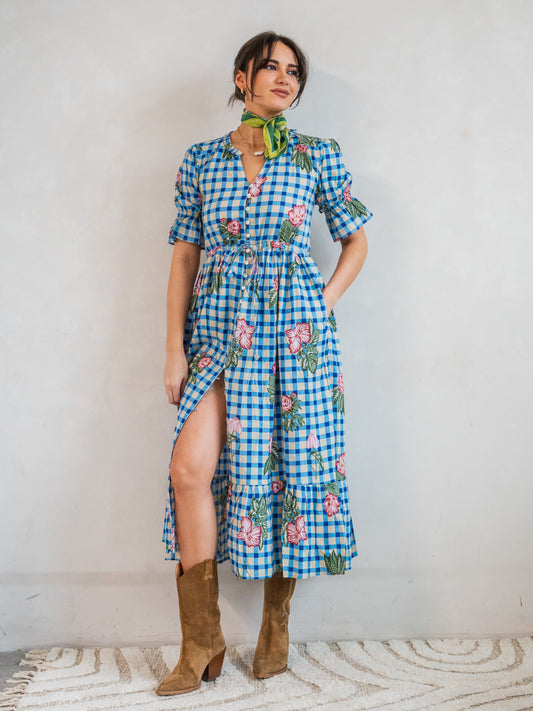 'CHERISH' DRESS IN BLUE GINGHAM FLOWER