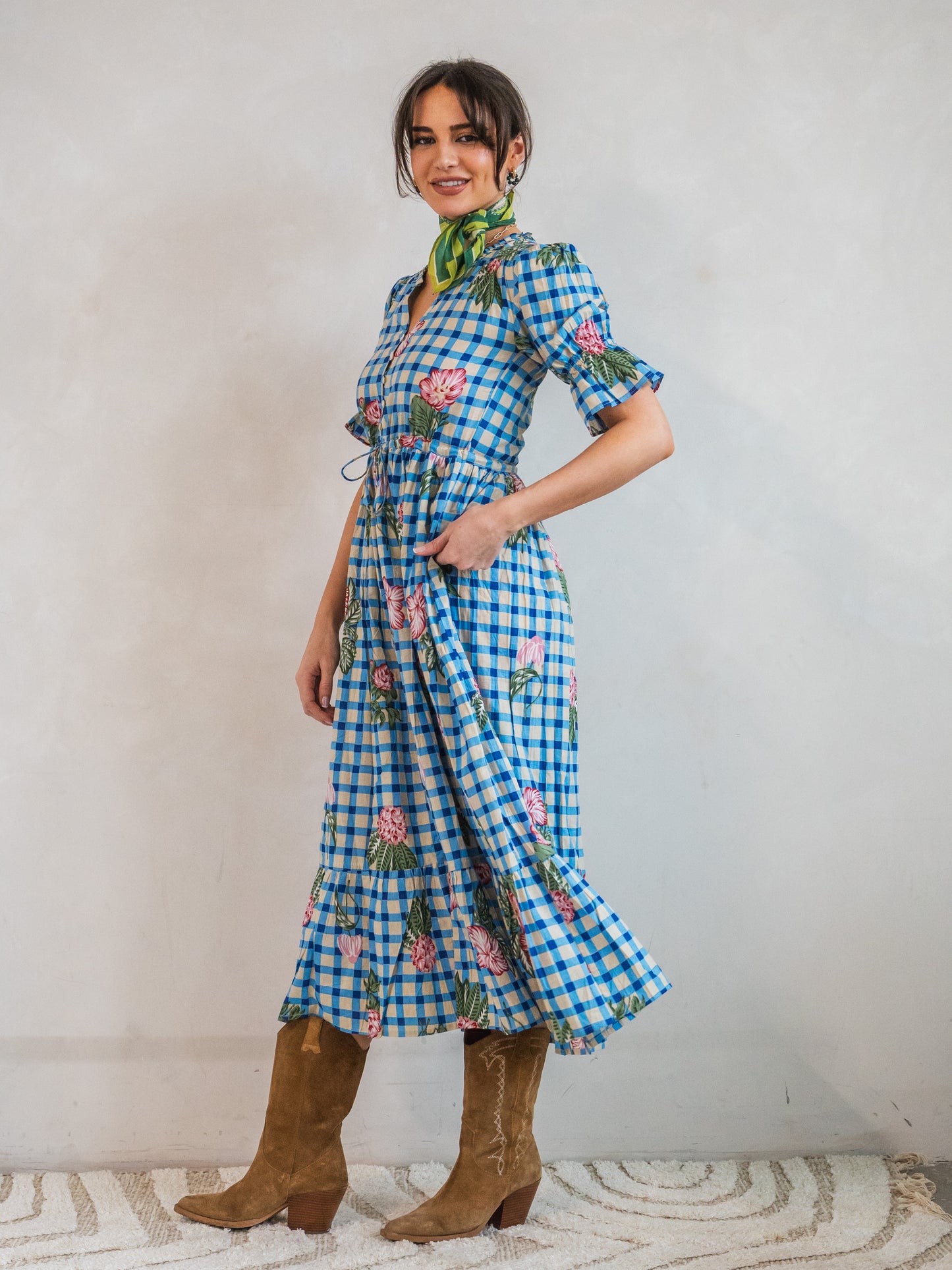 'CHERISH' DRESS IN BLUE GINGHAM FLOWER