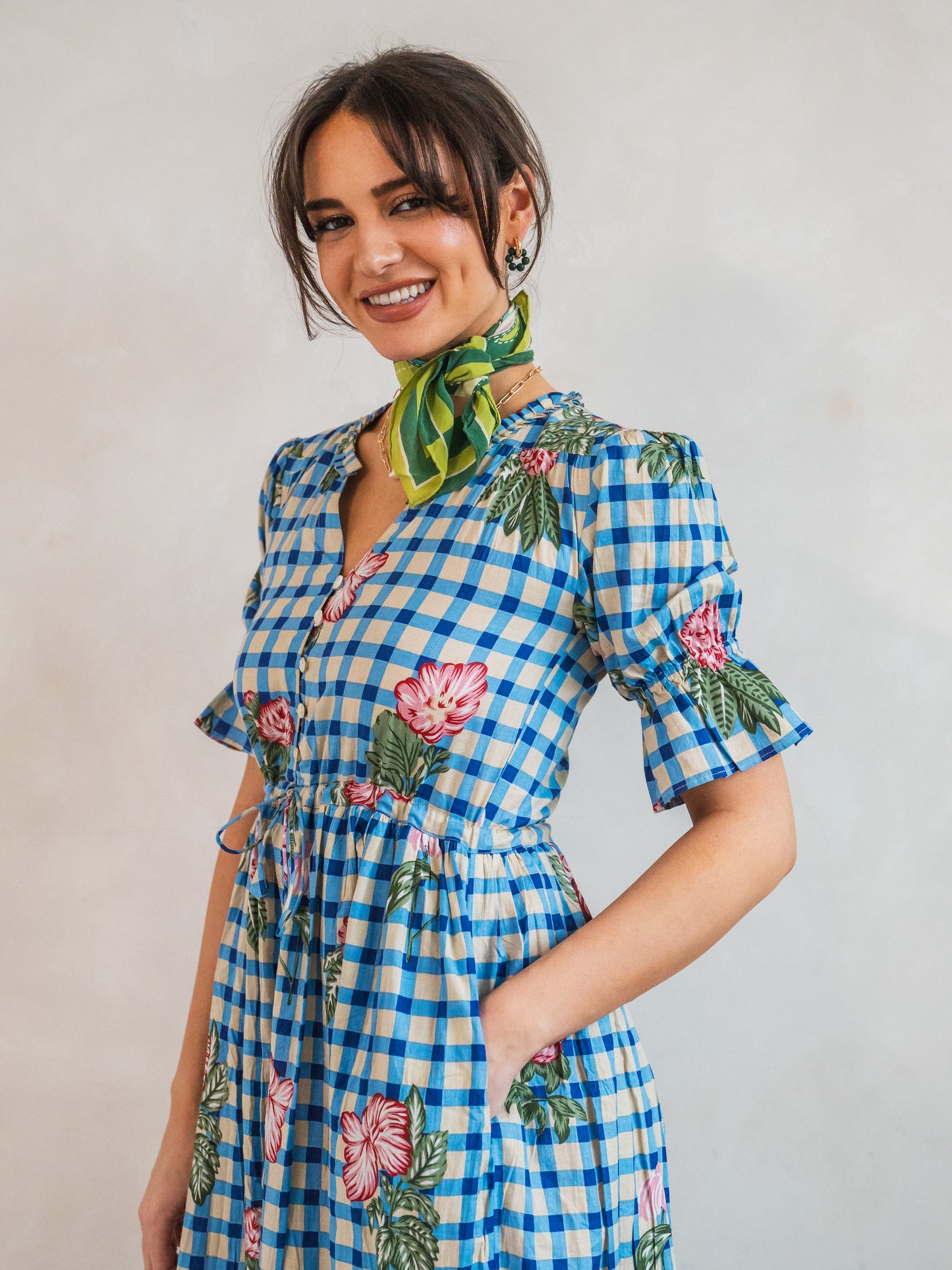 'CHERISH' DRESS IN BLUE GINGHAM FLOWER