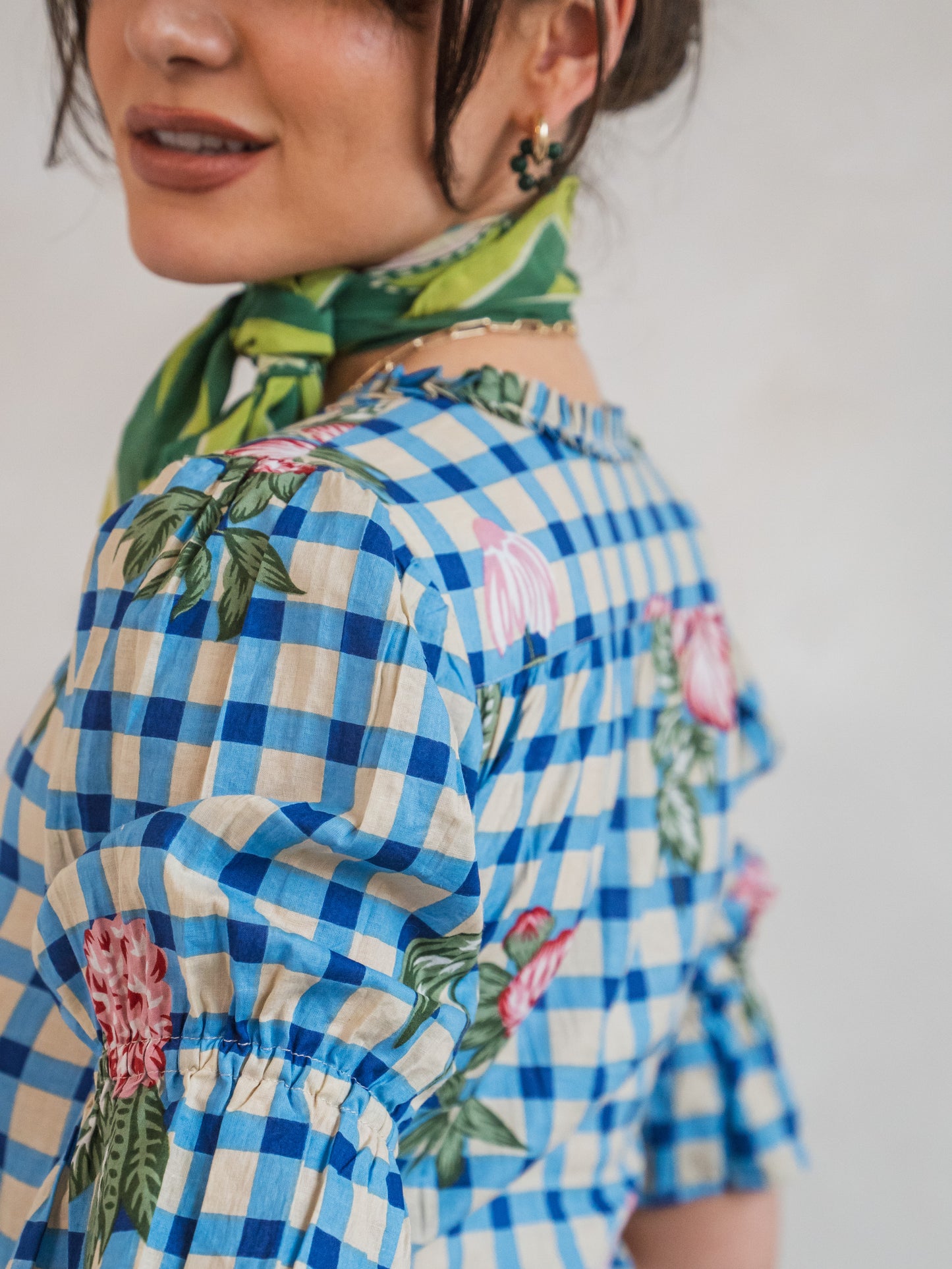 'CHERISH' DRESS IN BLUE GINGHAM FLOWER
