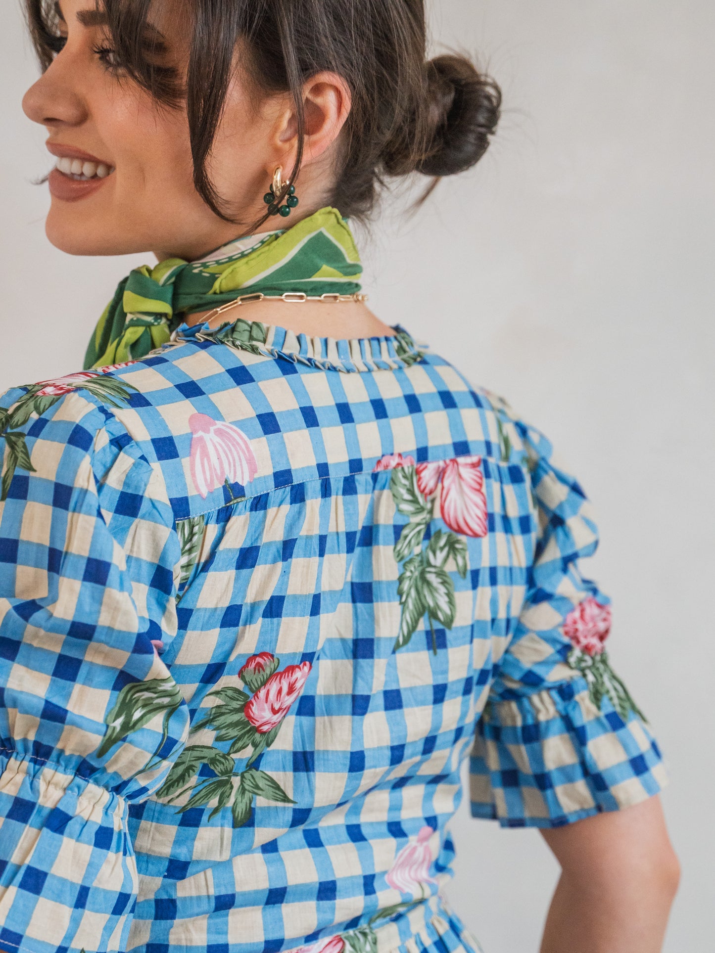 'CHERISH' DRESS IN BLUE GINGHAM FLOWER