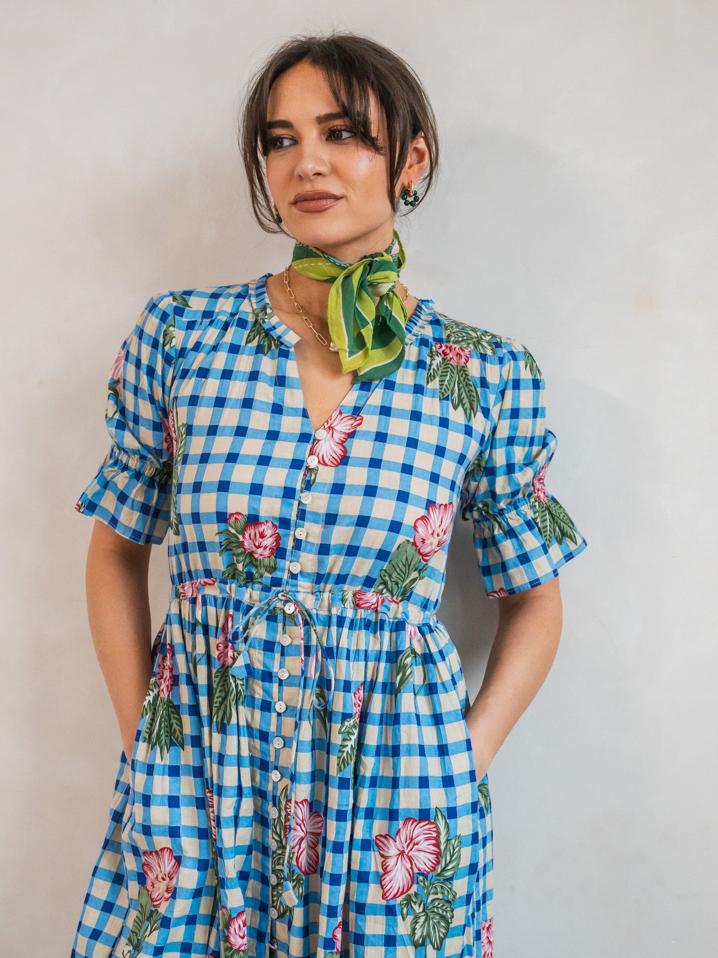 'CHERISH' DRESS IN BLUE GINGHAM FLOWER