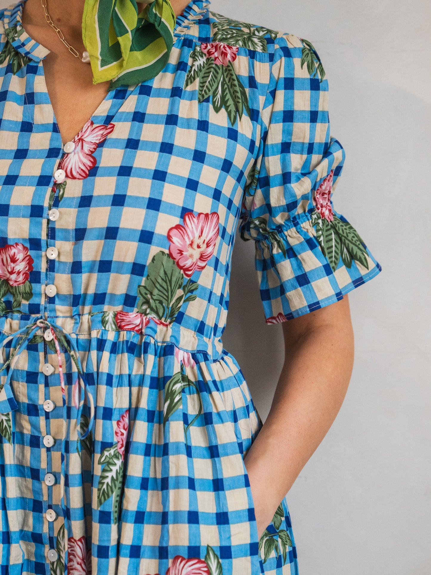 'CHERISH' DRESS IN BLUE GINGHAM FLOWER