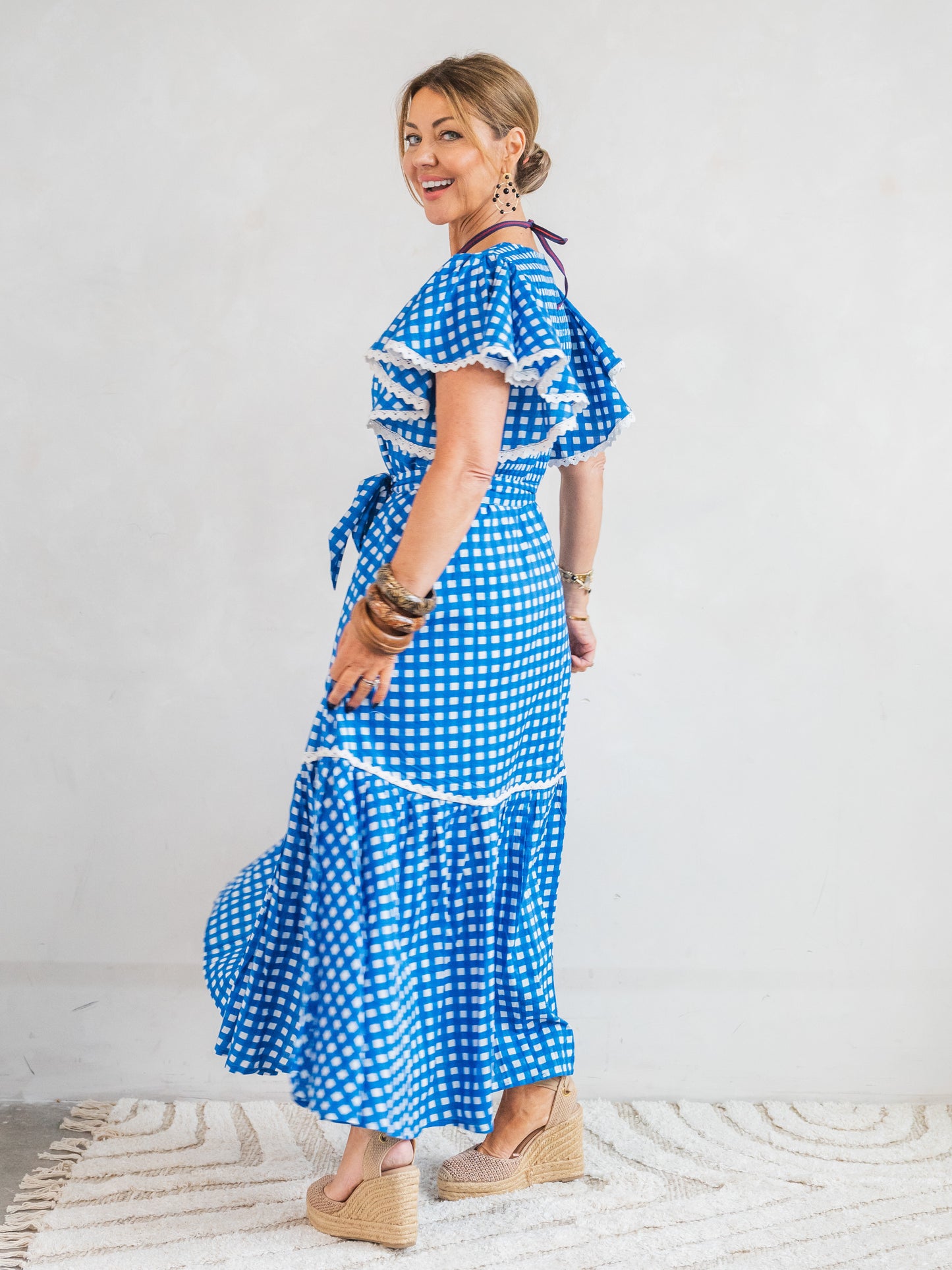 'FEATHER' DRESS IN COBALT GINGHAM