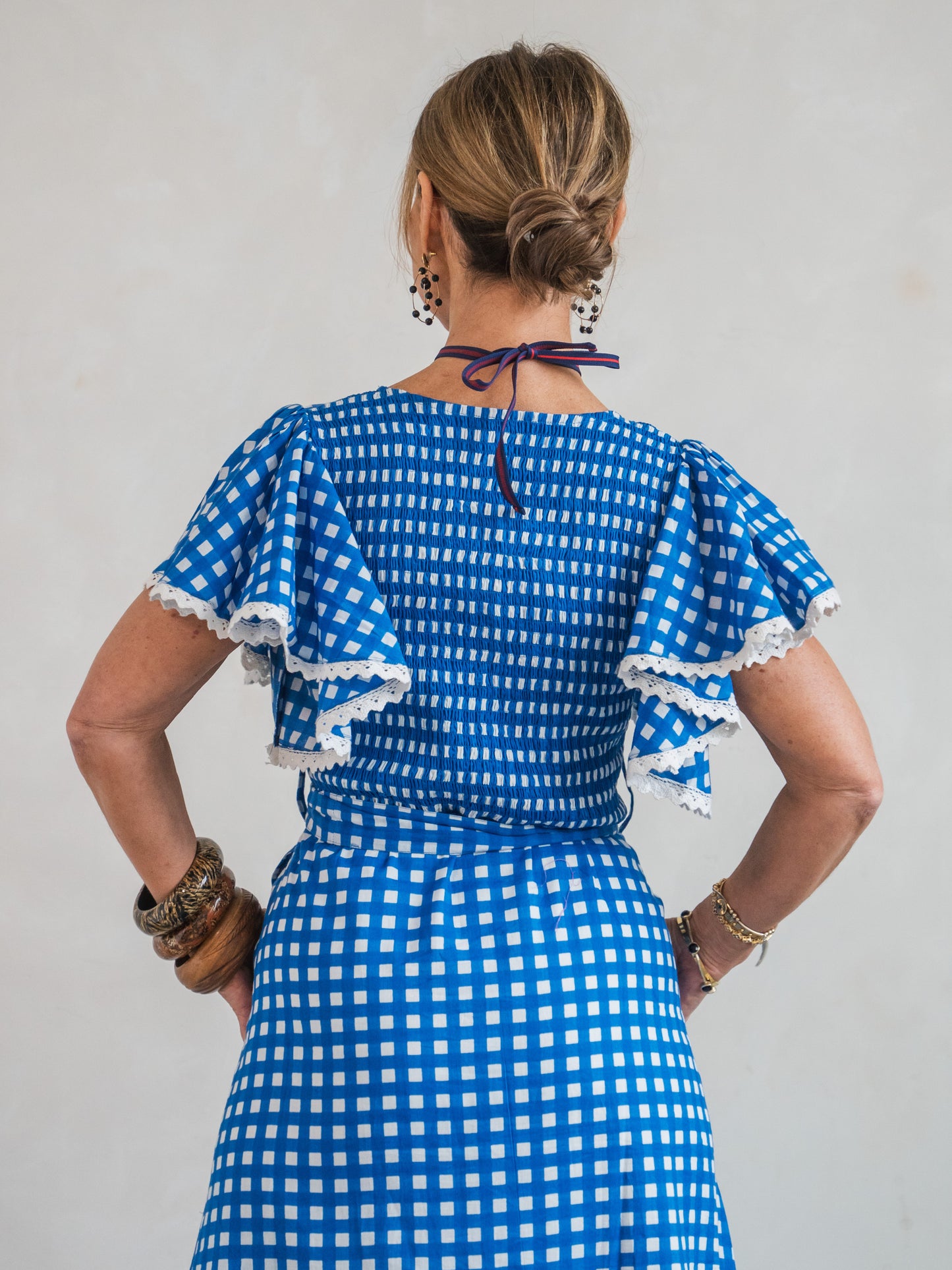 'FEATHER' DRESS IN COBALT GINGHAM