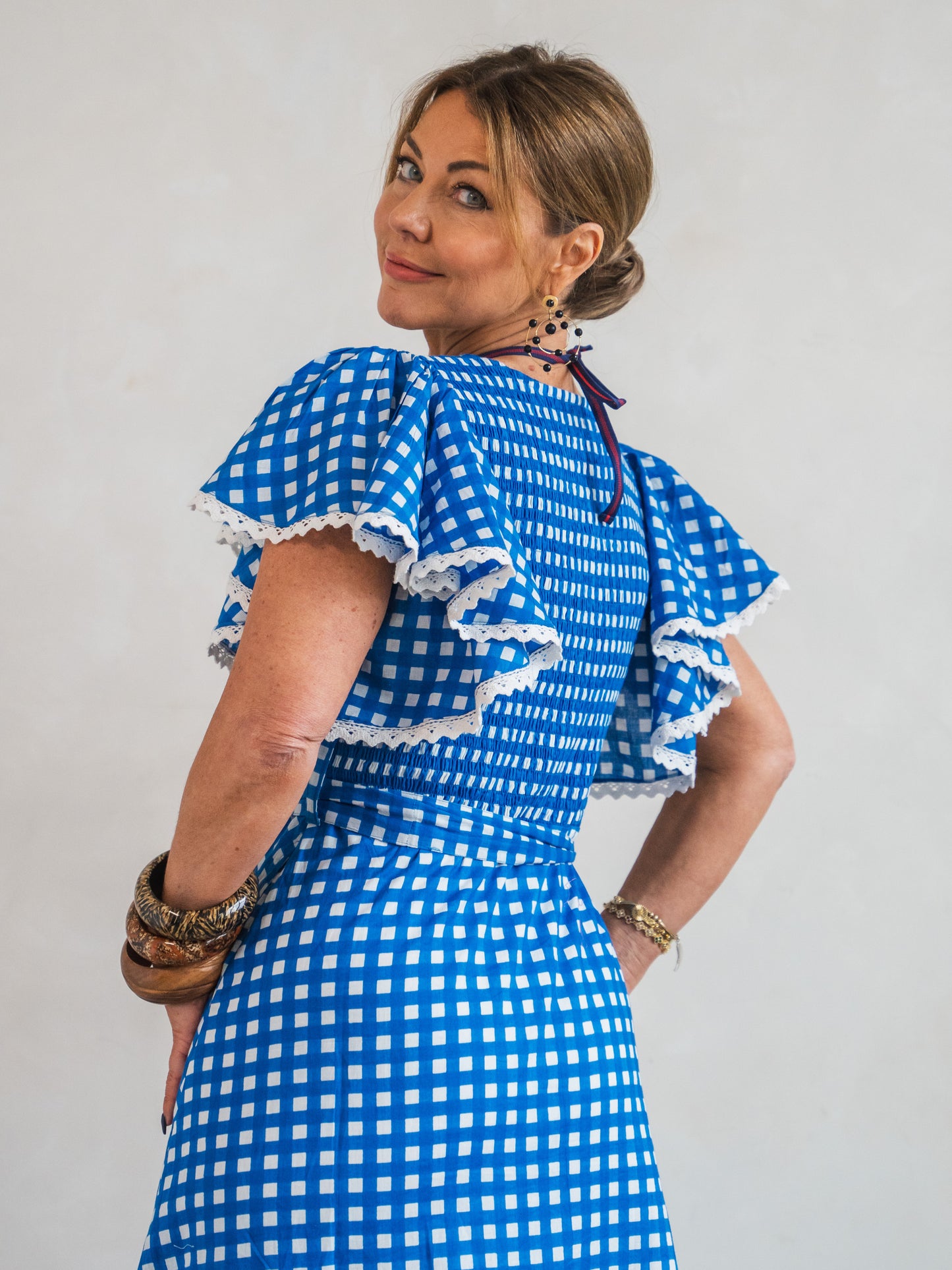 'FEATHER' DRESS IN COBALT GINGHAM