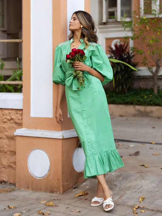 'FOLLOW YOUR HEART' DRESS IN APPLE DOT