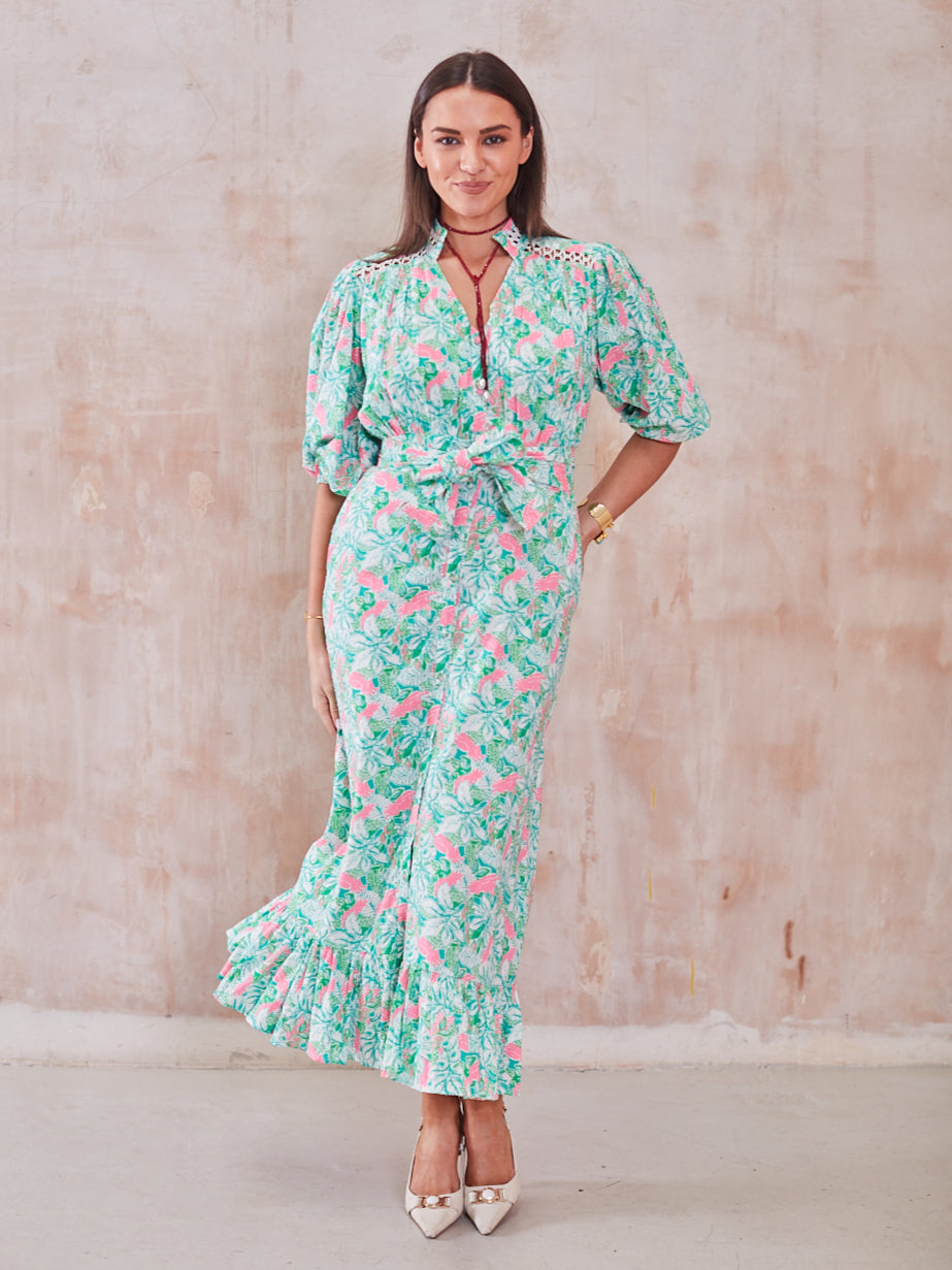 'FOLLOW YOUR HEART' DRESS IN PINK PARROT