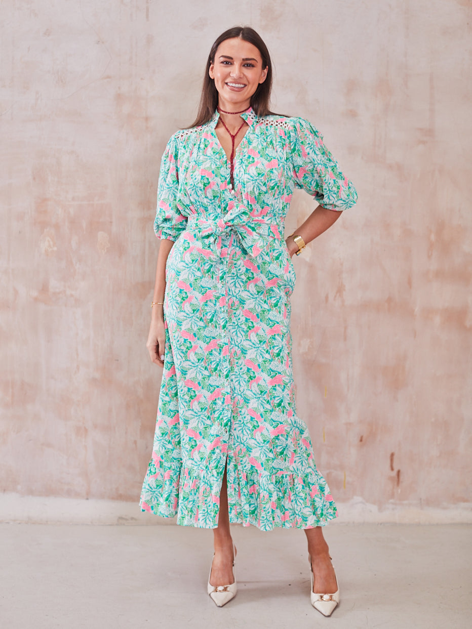 'FOLLOW YOUR HEART' DRESS IN PINK PARROT