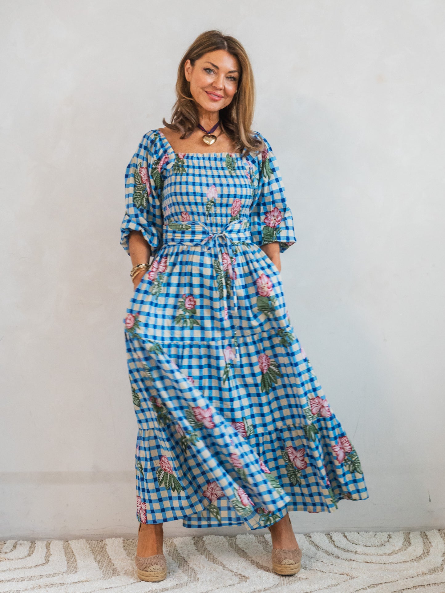 'HONOUR' DRESS IN GINGHAM FLOWER BLUE