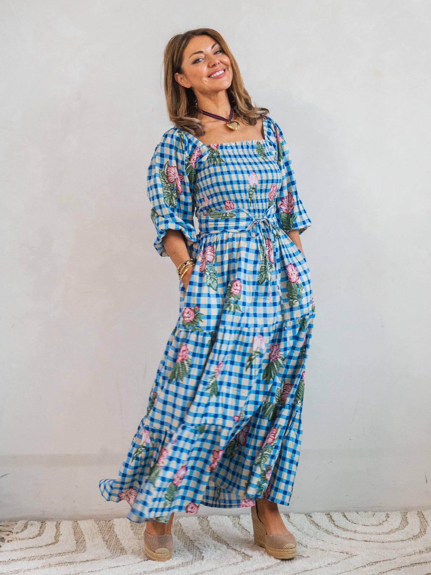'HONOUR' DRESS IN GINGHAM FLOWER BLUE
