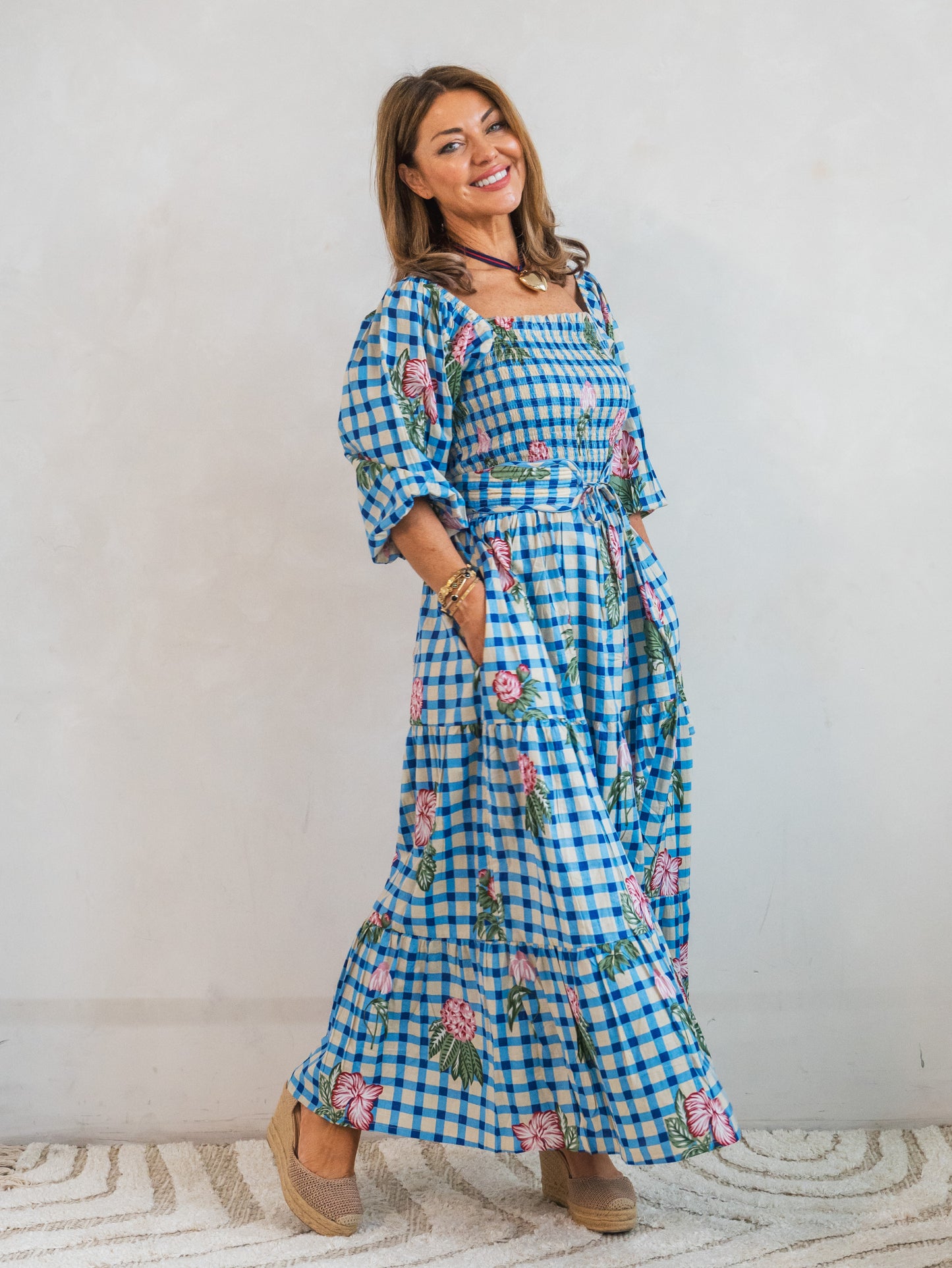 'HONOUR' DRESS IN GINGHAM FLOWER BLUE