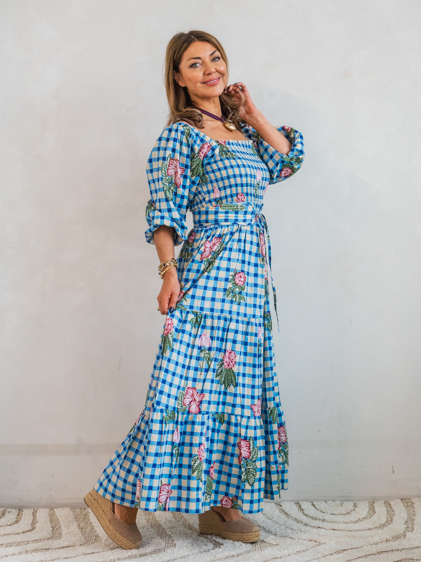 'HONOUR' DRESS IN GINGHAM FLOWER BLUE