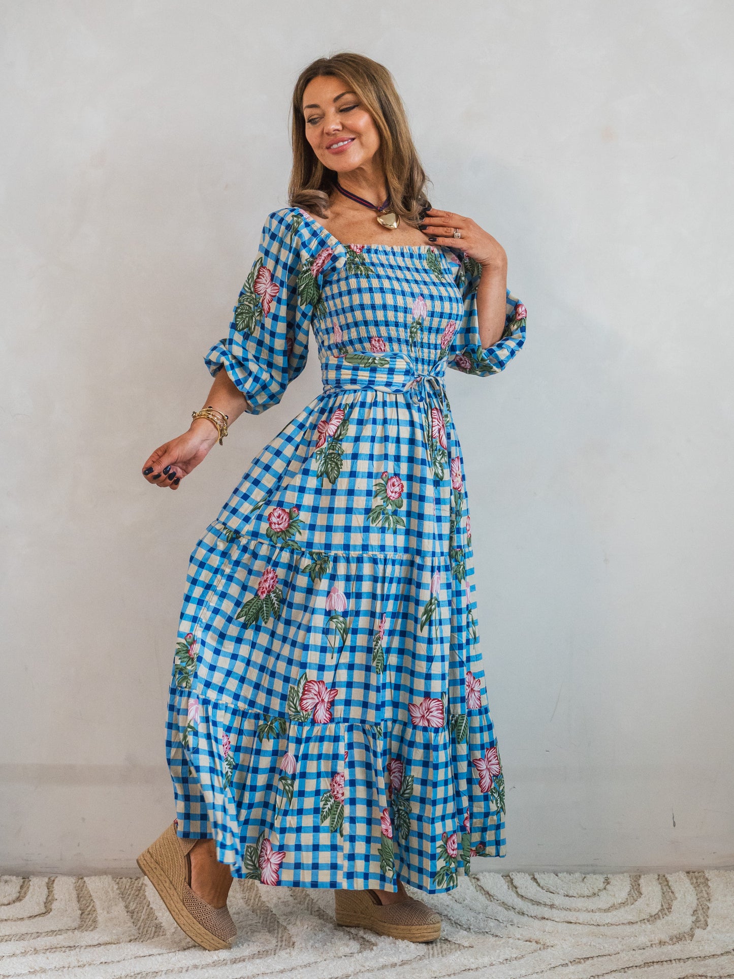'HONOUR' DRESS IN GINGHAM FLOWER BLUE