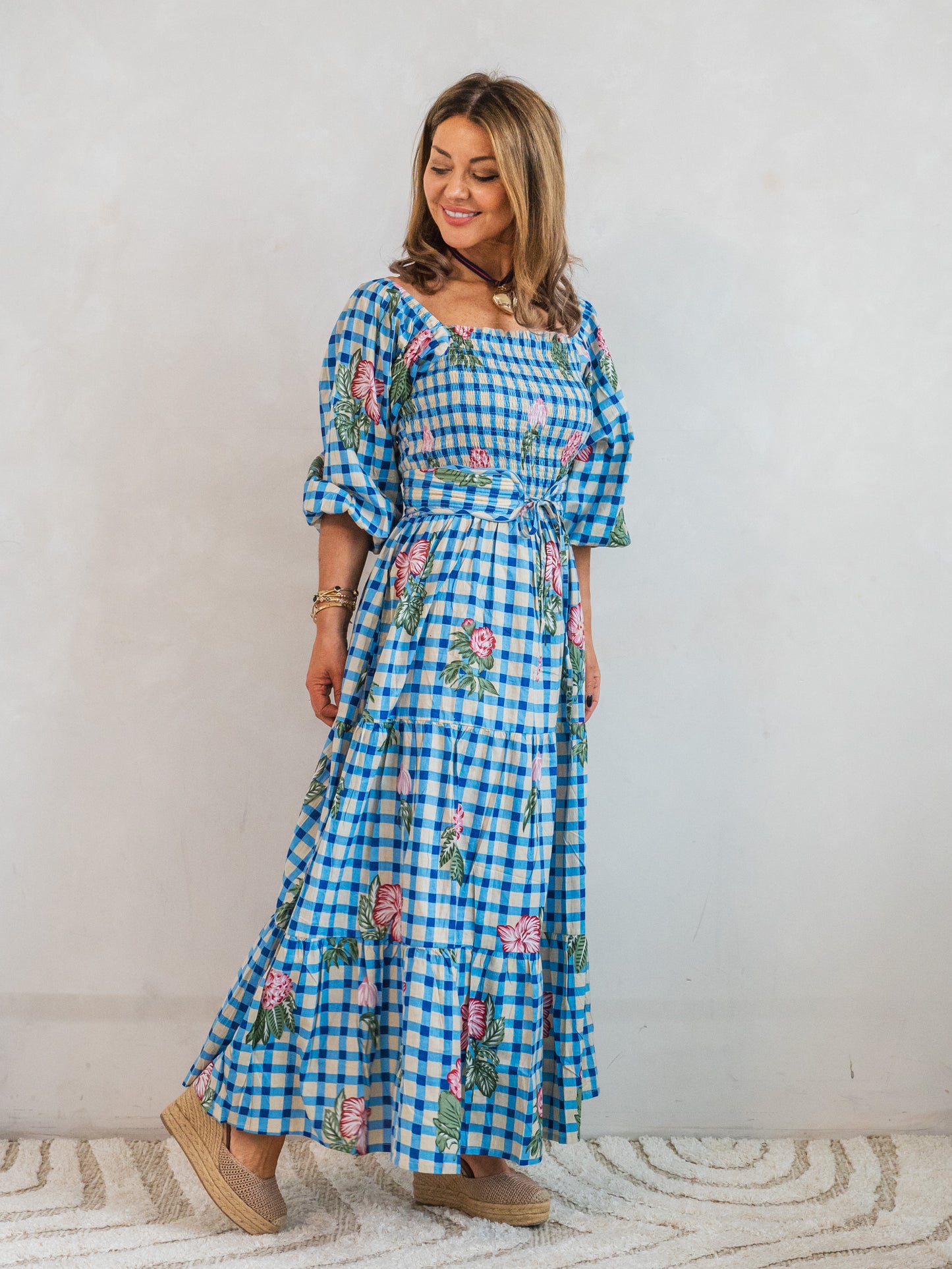 'HONOUR' DRESS IN GINGHAM FLOWER BLUE