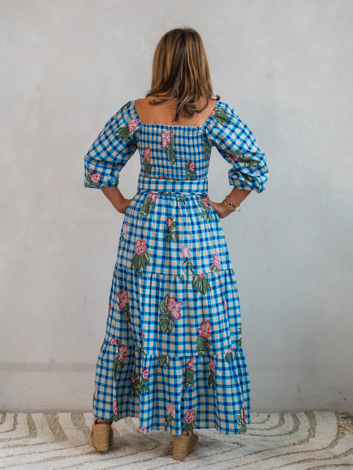 'HONOUR' DRESS IN GINGHAM FLOWER BLUE