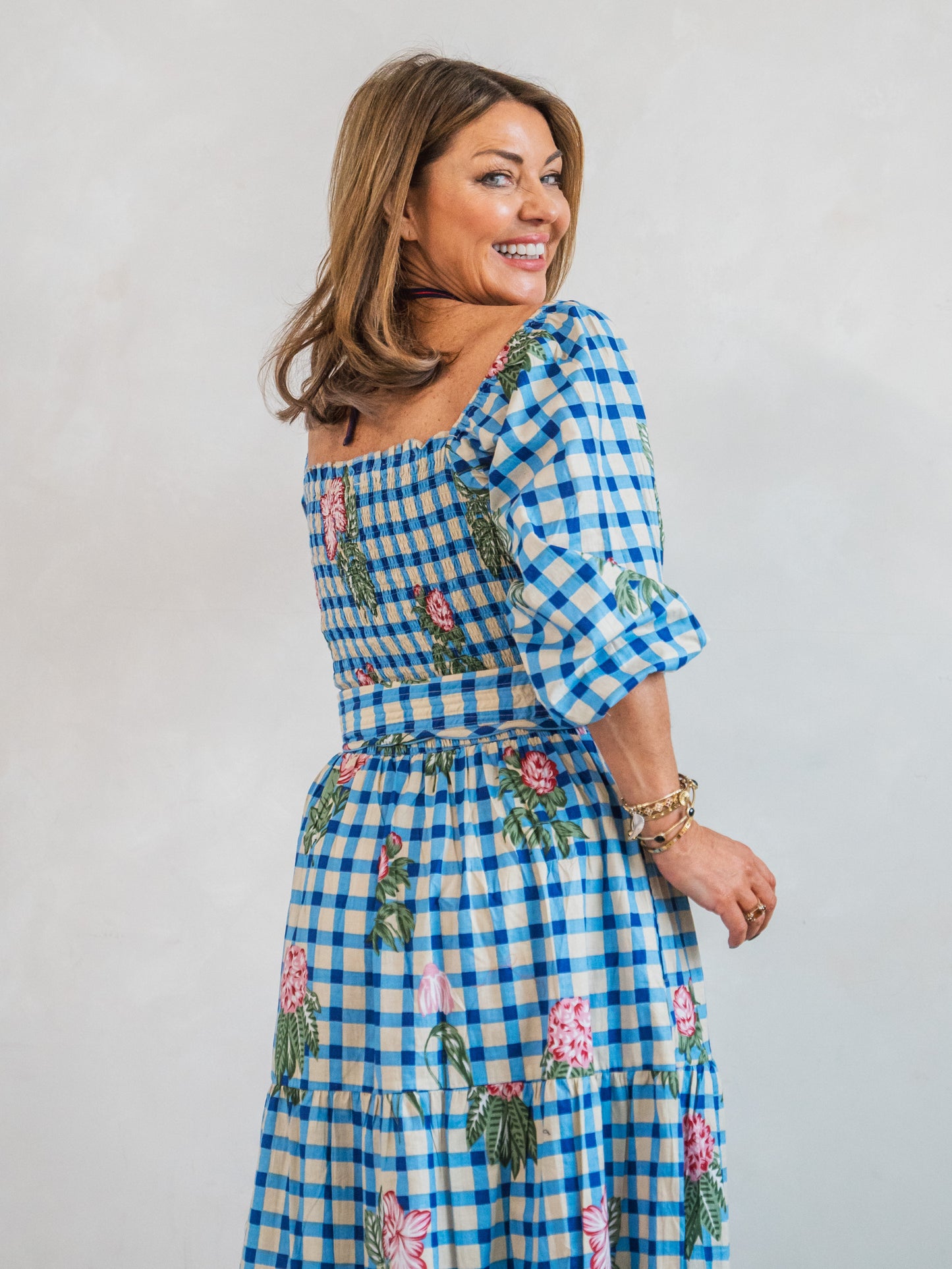 'HONOUR' DRESS IN GINGHAM FLOWER BLUE