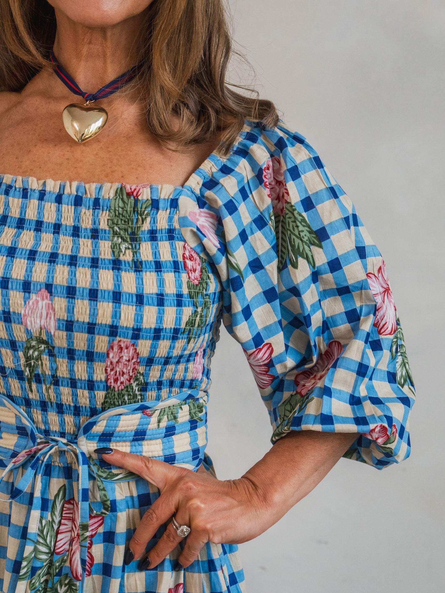 'HONOUR' DRESS IN GINGHAM FLOWER BLUE