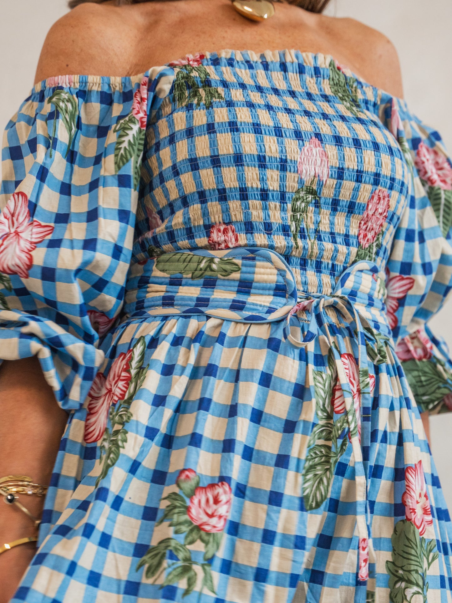 'HONOUR' DRESS IN GINGHAM FLOWER BLUE