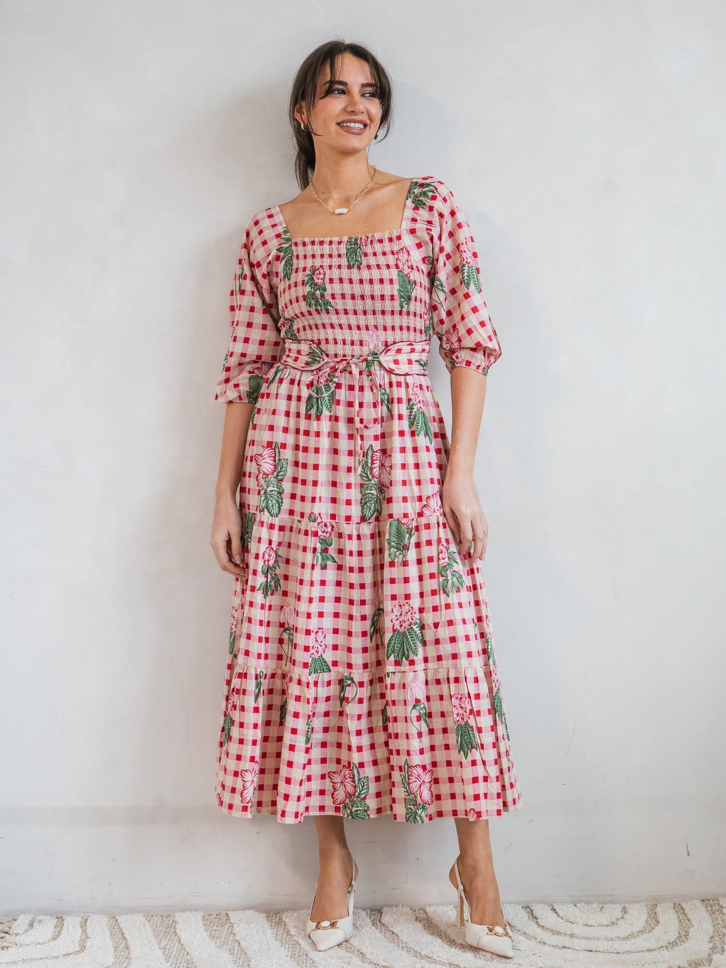 'HONOUR' DRESS IN GINGHAM FLOWER PINK