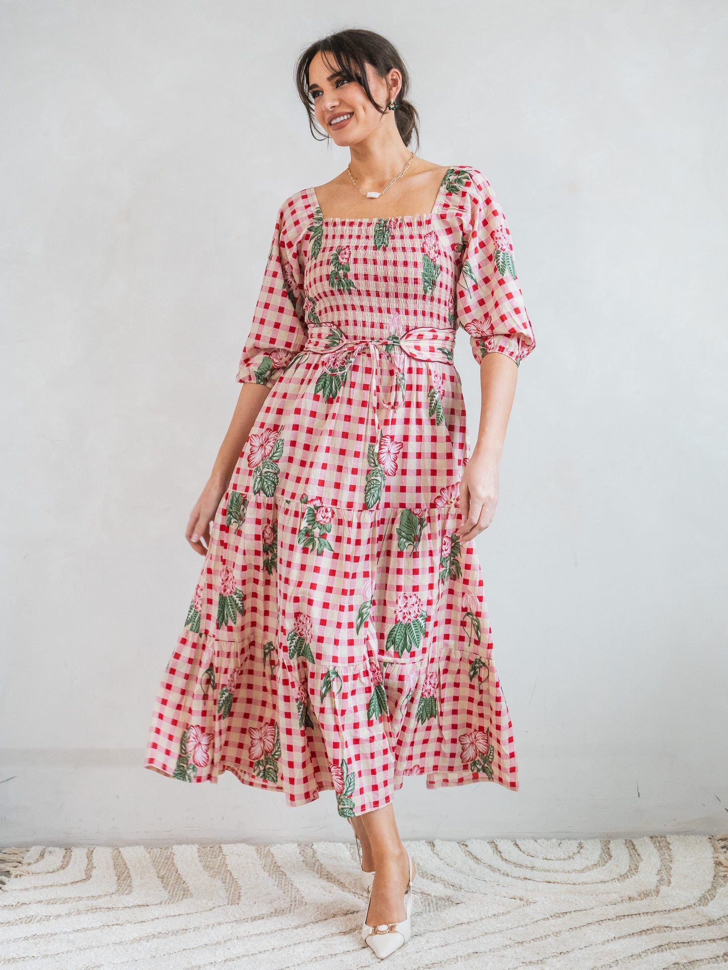 'HONOUR' DRESS IN GINGHAM FLOWER PINK