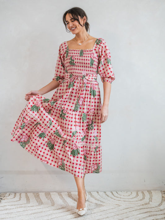 'HONOUR' DRESS IN GINGHAM FLOWER PINK