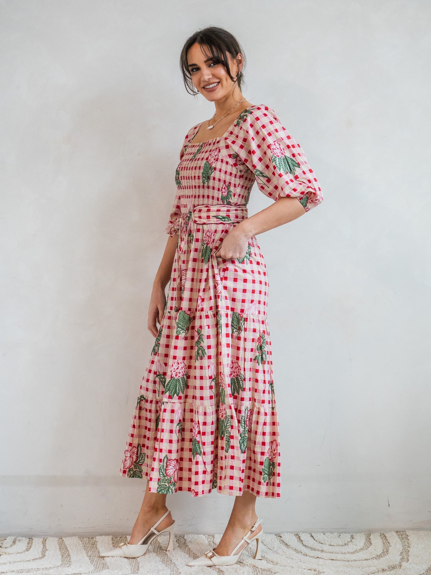 'HONOUR' DRESS IN GINGHAM FLOWER PINK