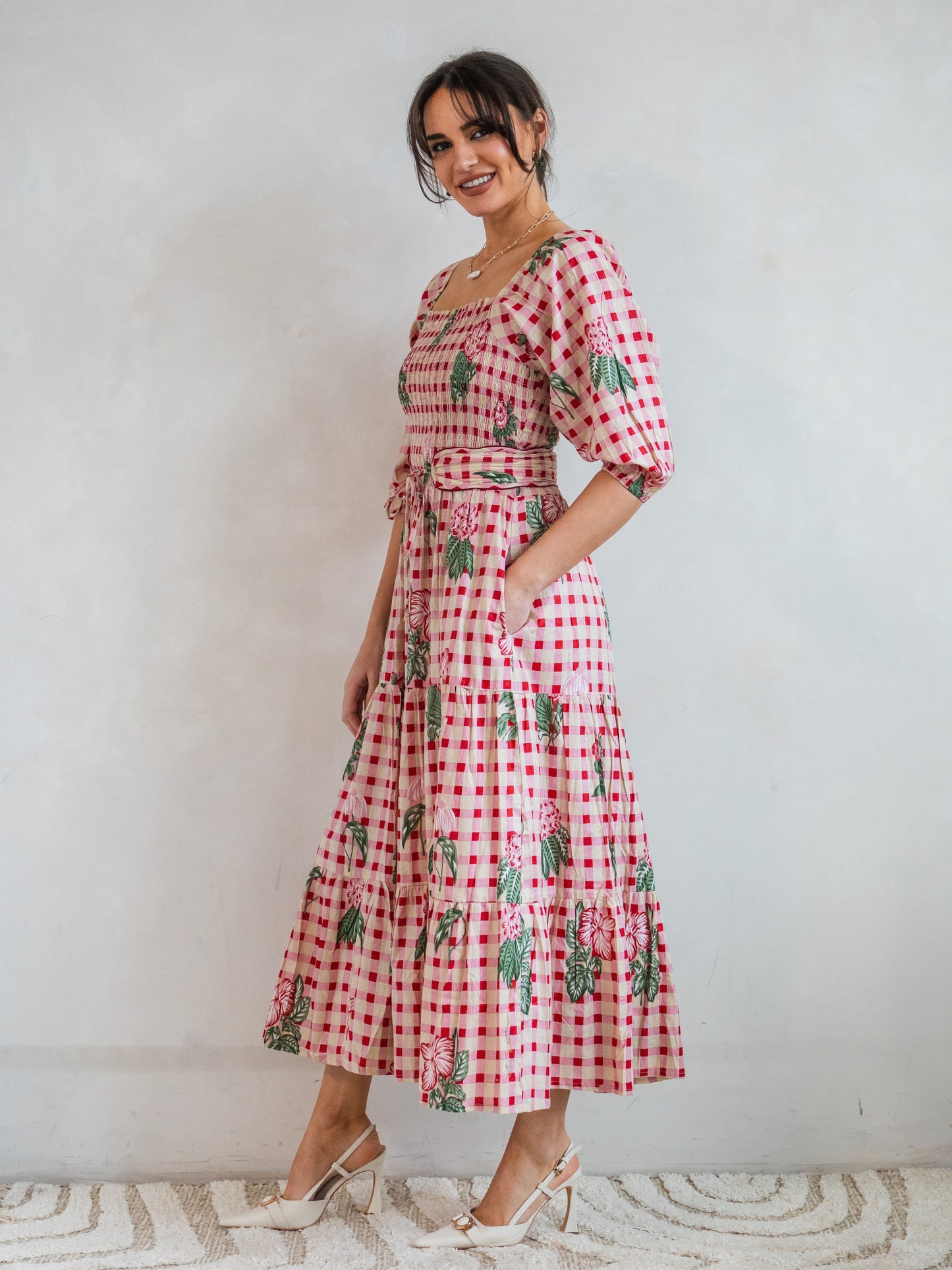 'HONOUR' DRESS IN GINGHAM FLOWER PINK