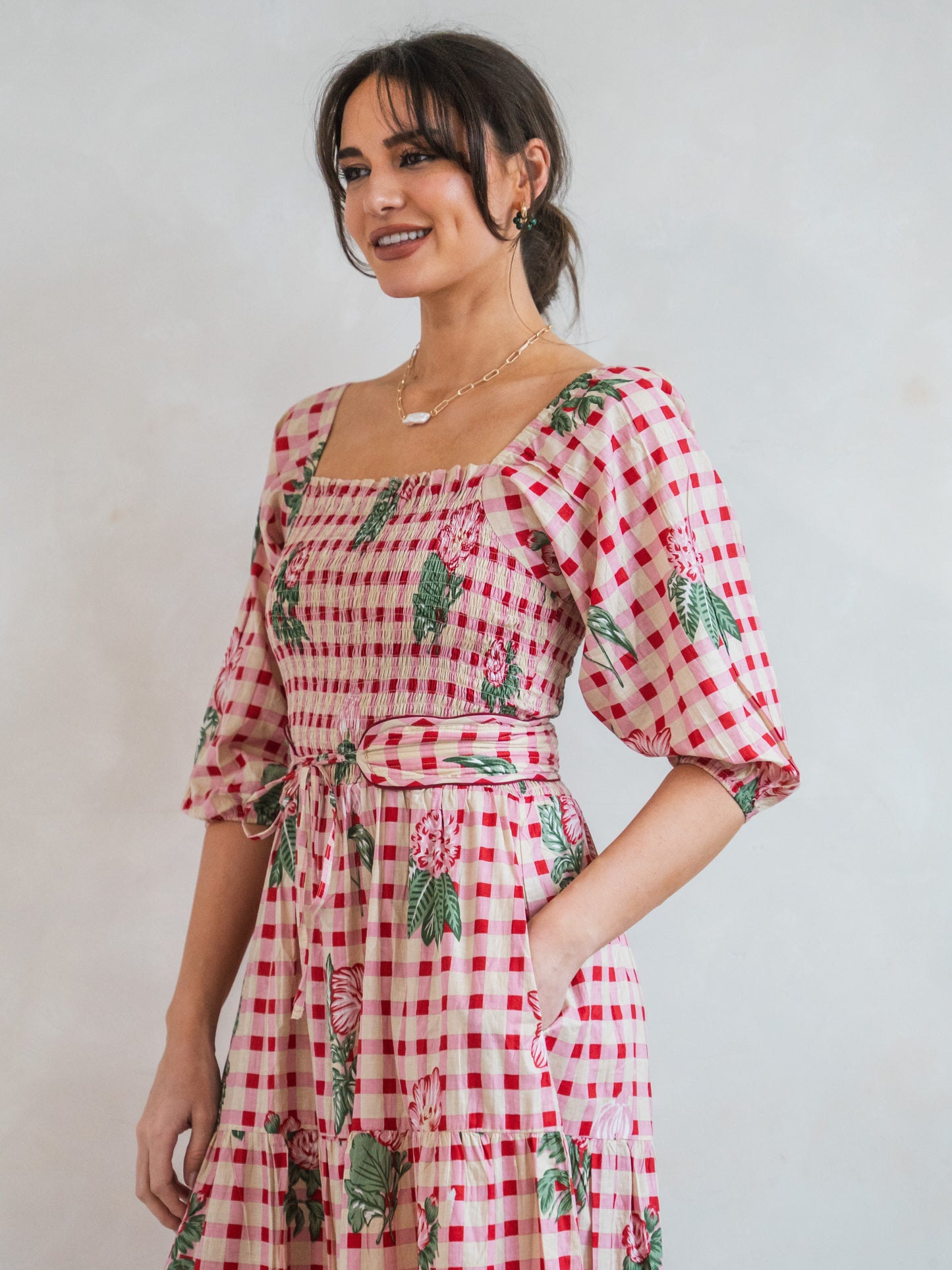 'HONOUR' DRESS IN GINGHAM FLOWER PINK