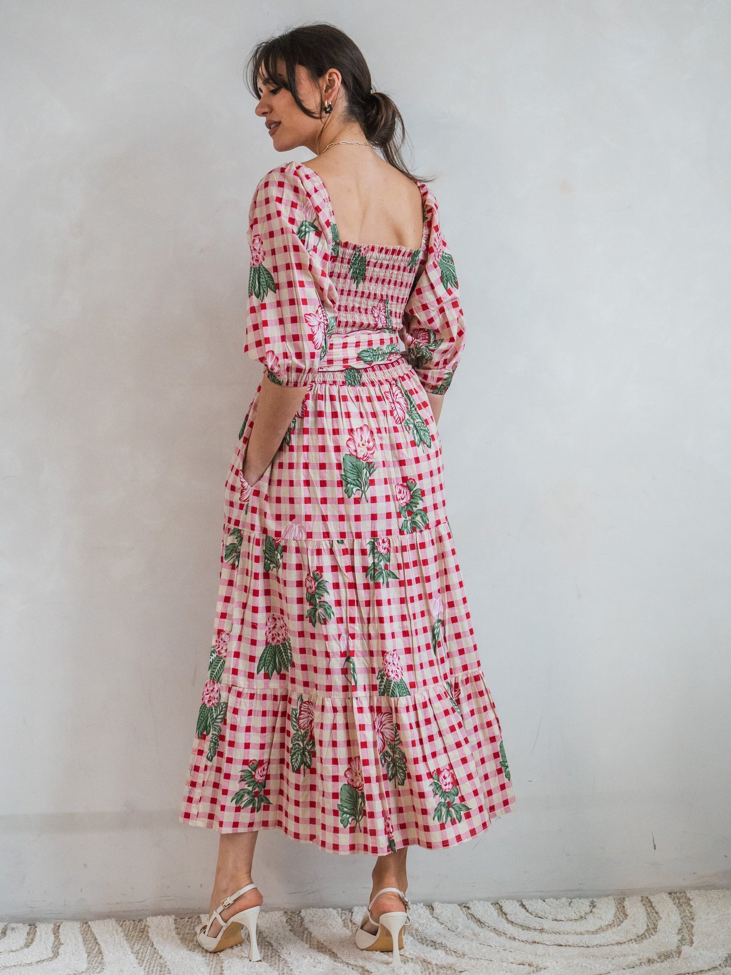'HONOUR' DRESS IN GINGHAM FLOWER PINK