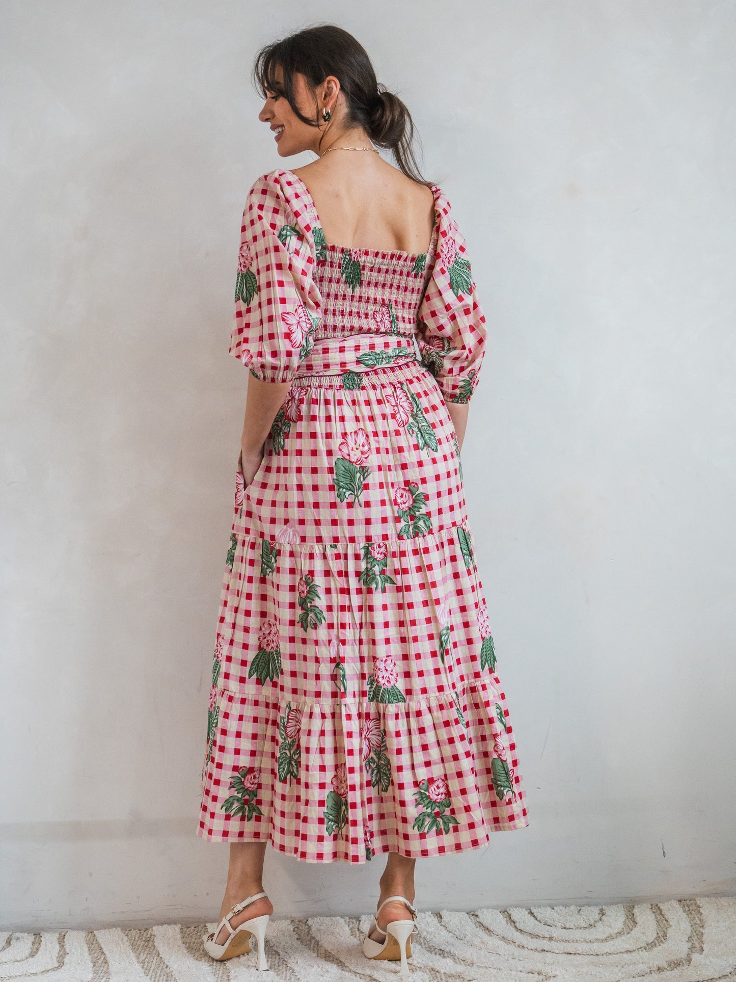 'HONOUR' DRESS IN GINGHAM FLOWER PINK