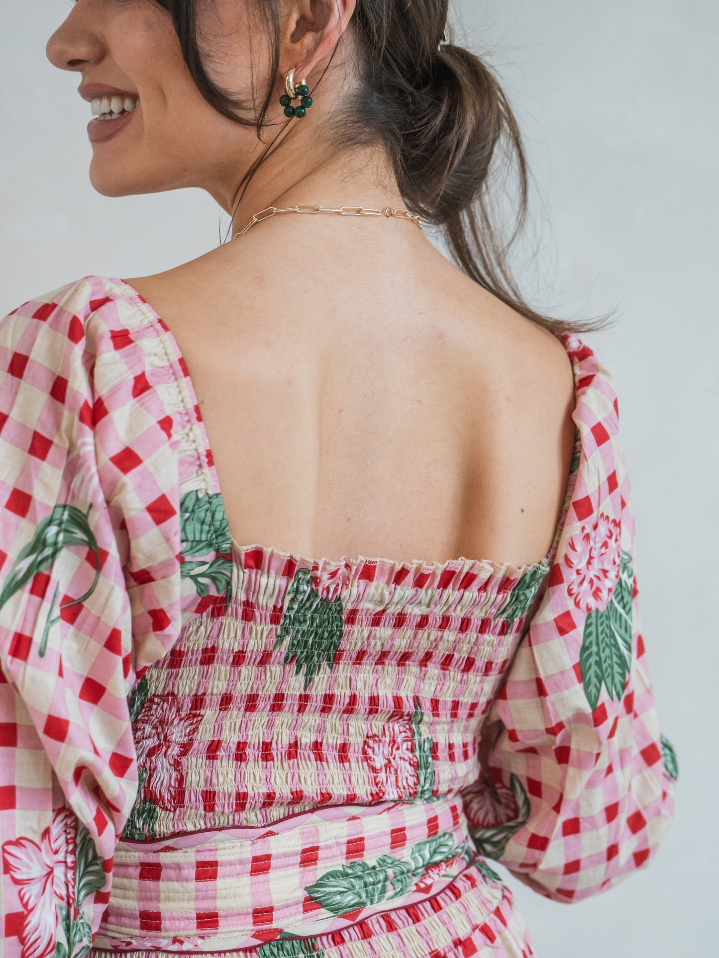 'HONOUR' DRESS IN GINGHAM FLOWER PINK