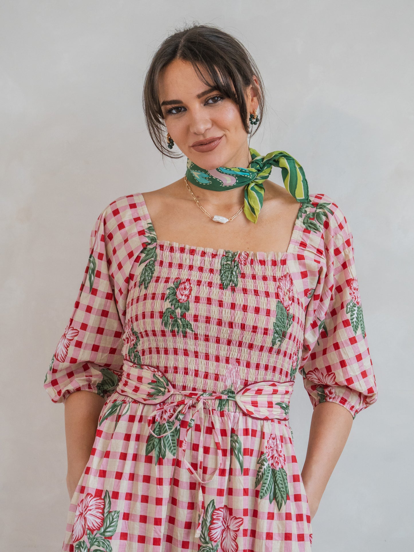 'HONOUR' DRESS IN GINGHAM FLOWER PINK