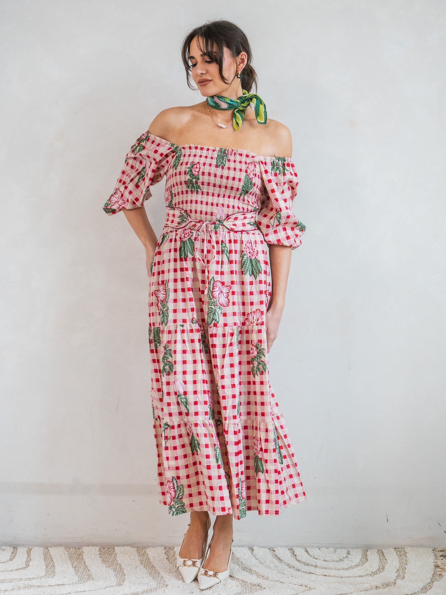 'HONOUR' DRESS IN GINGHAM FLOWER PINK