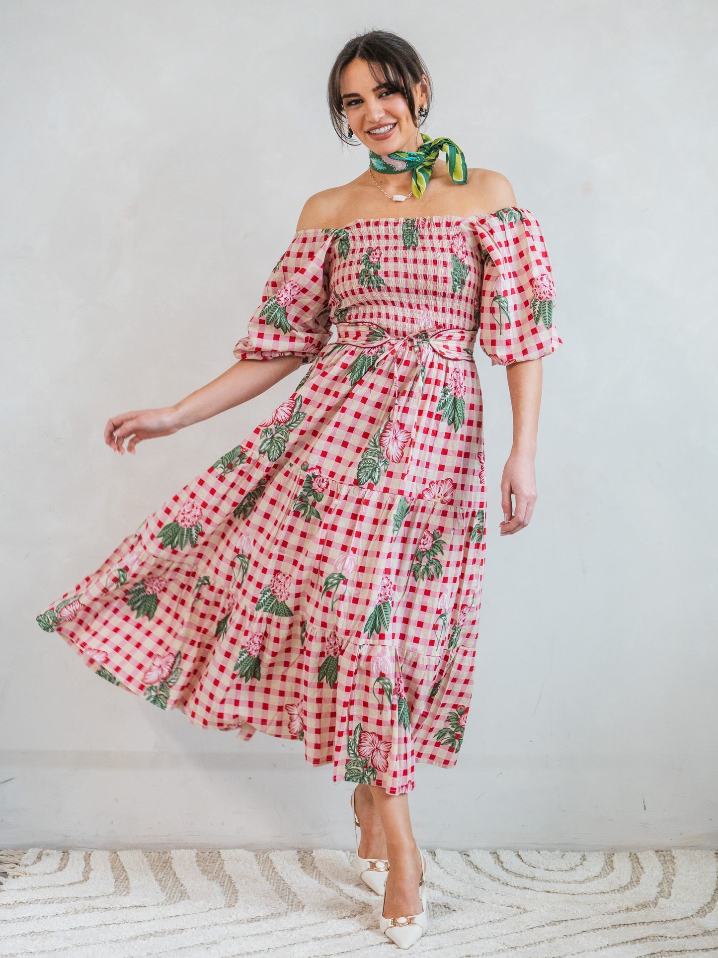 'HONOUR' DRESS IN GINGHAM FLOWER PINK