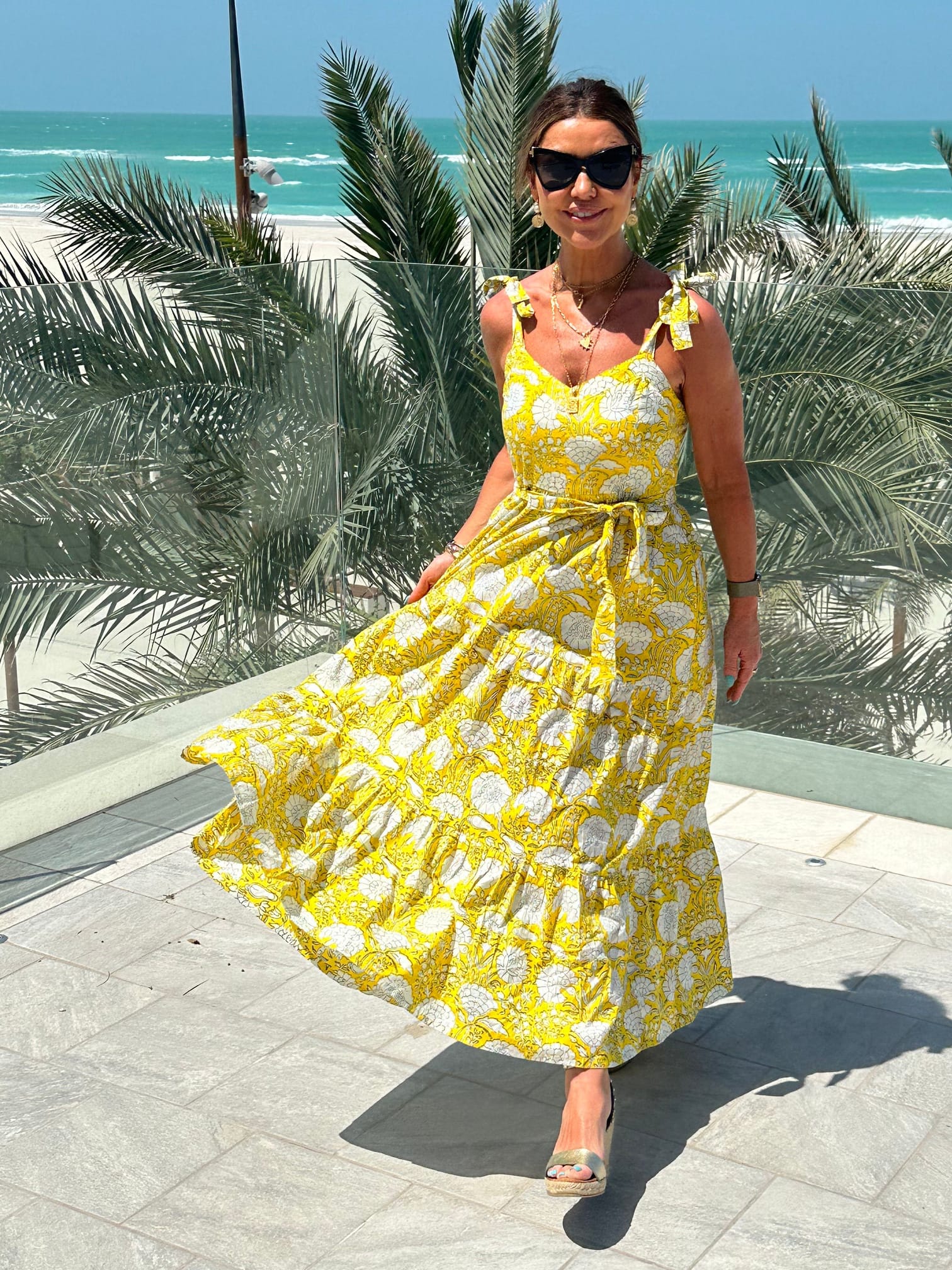 AMORE Dress Sustainable Organic Dress UK Sunshine Yellow Block Print Midi