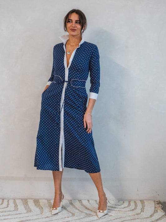 'JOY' DRESS IN NAVY DOTTY