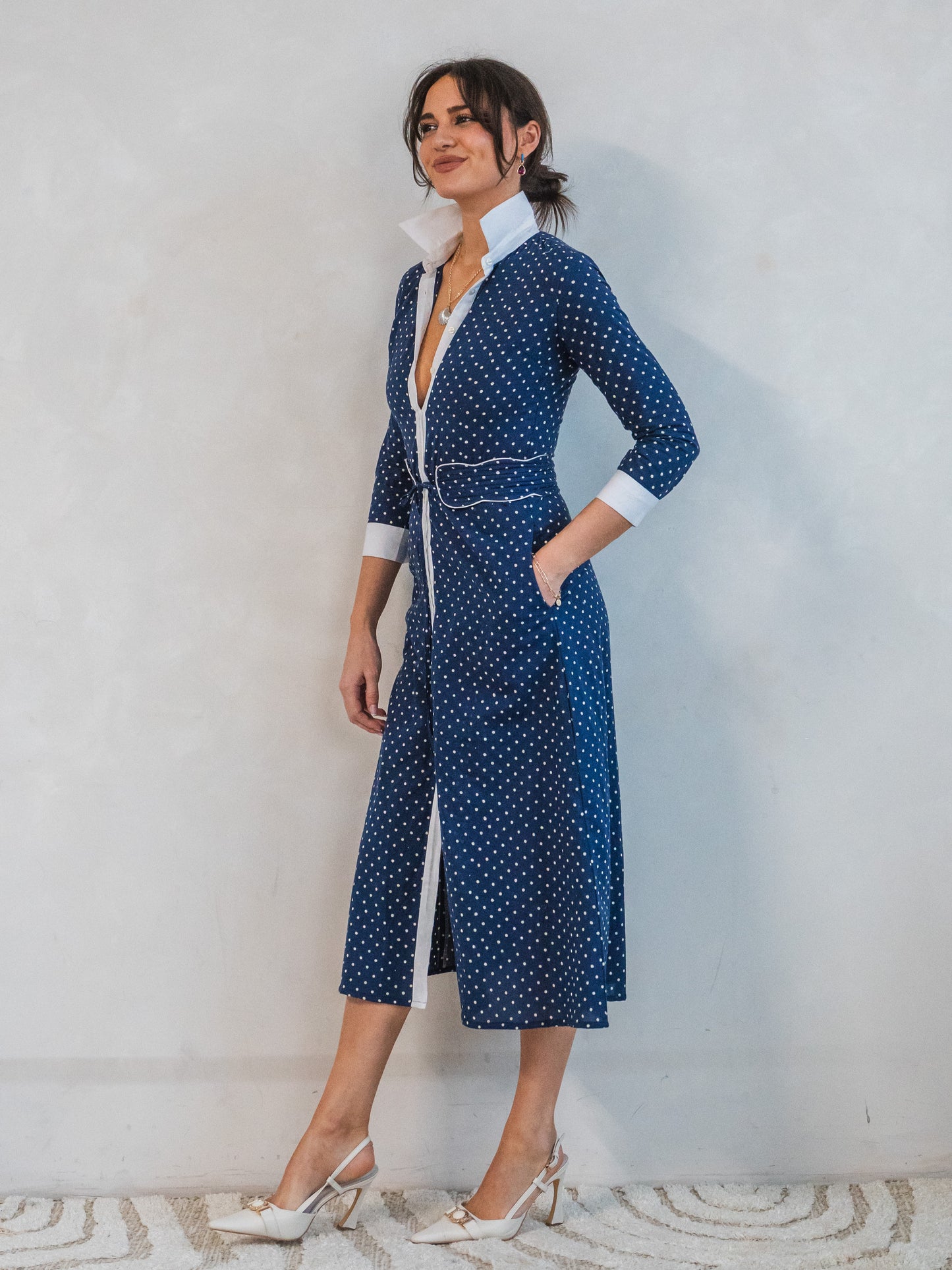 'JOY' DRESS IN NAVY DOTTY