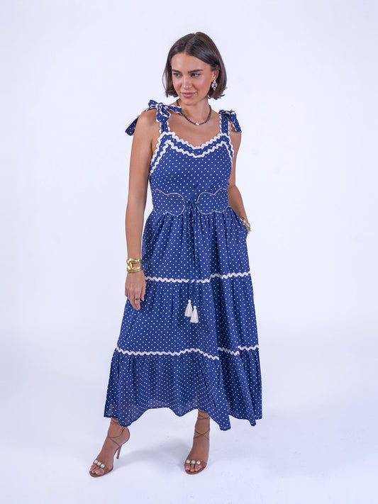 'AMORE' DRESS IN NAVY DOTTY