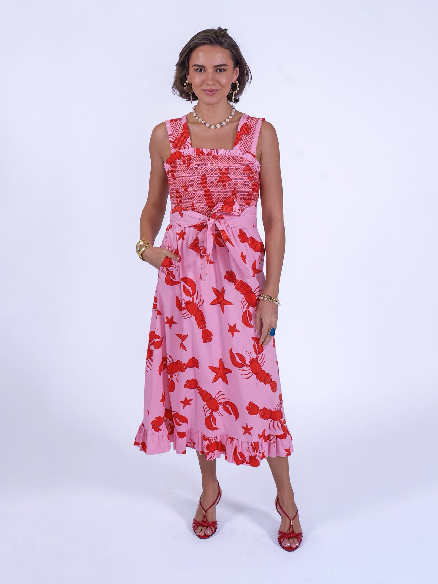 'BYRON' DRESS IN LOBSTER & STARFISH