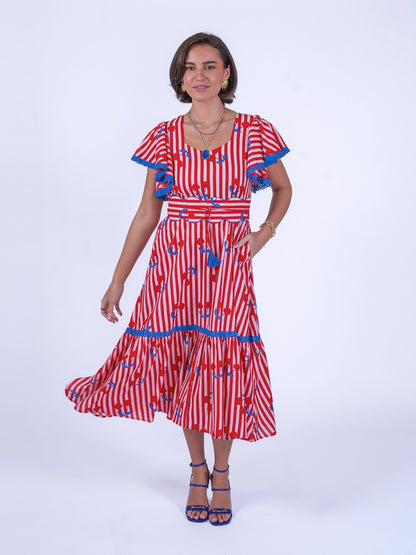 'FEATHER' DRESS IN CHERRY STRIPE