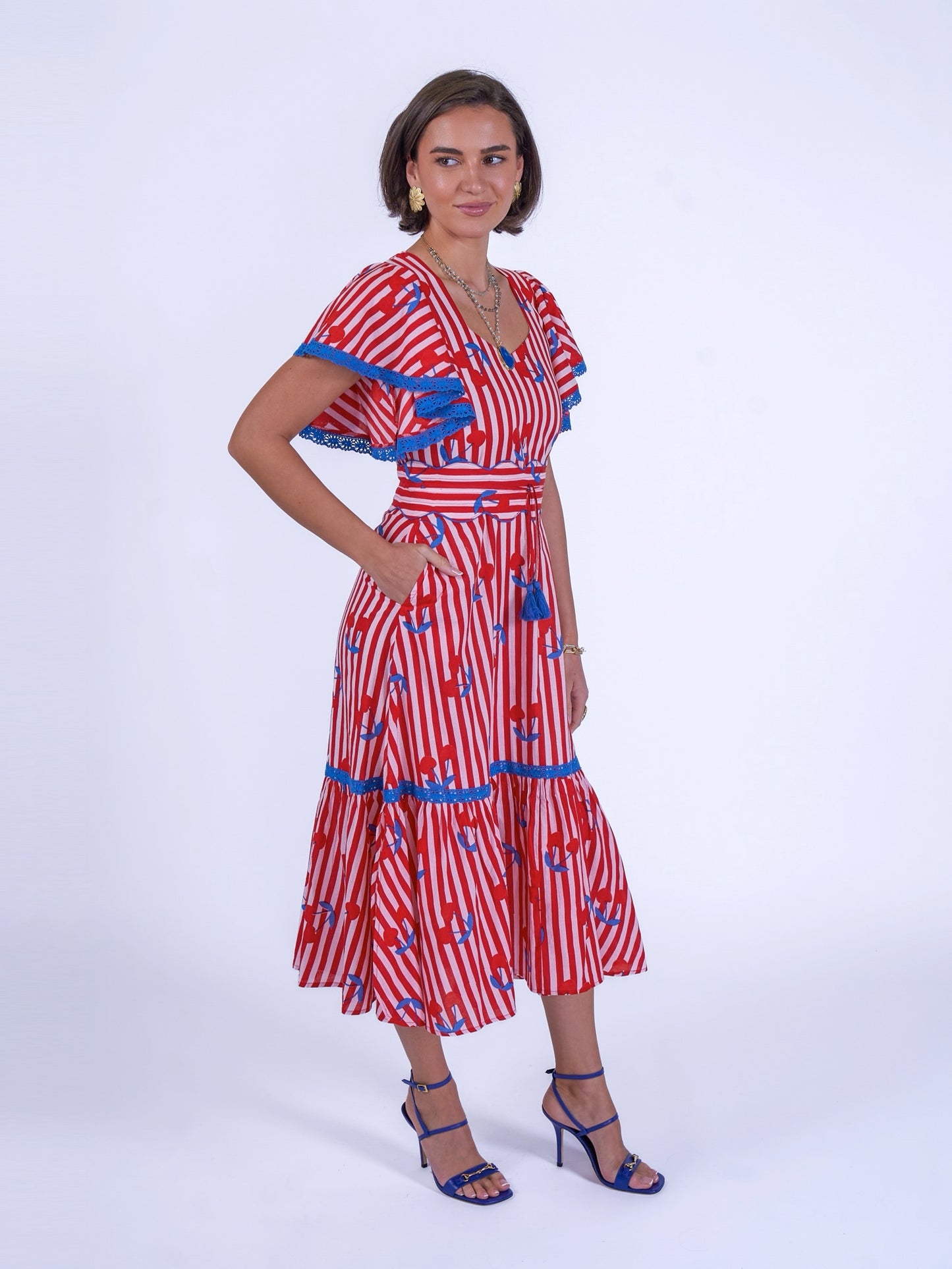 'FEATHER' DRESS IN CHERRY STRIPE