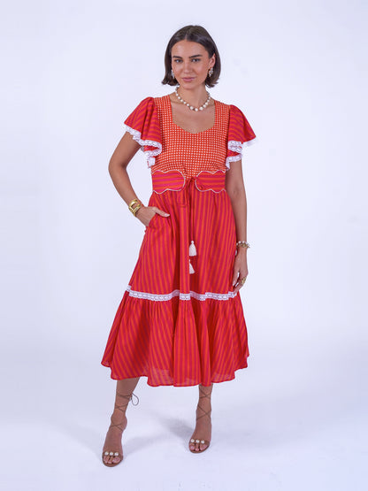 'FEATHER' DRESS IN ORANGE/ PINK STRIPE