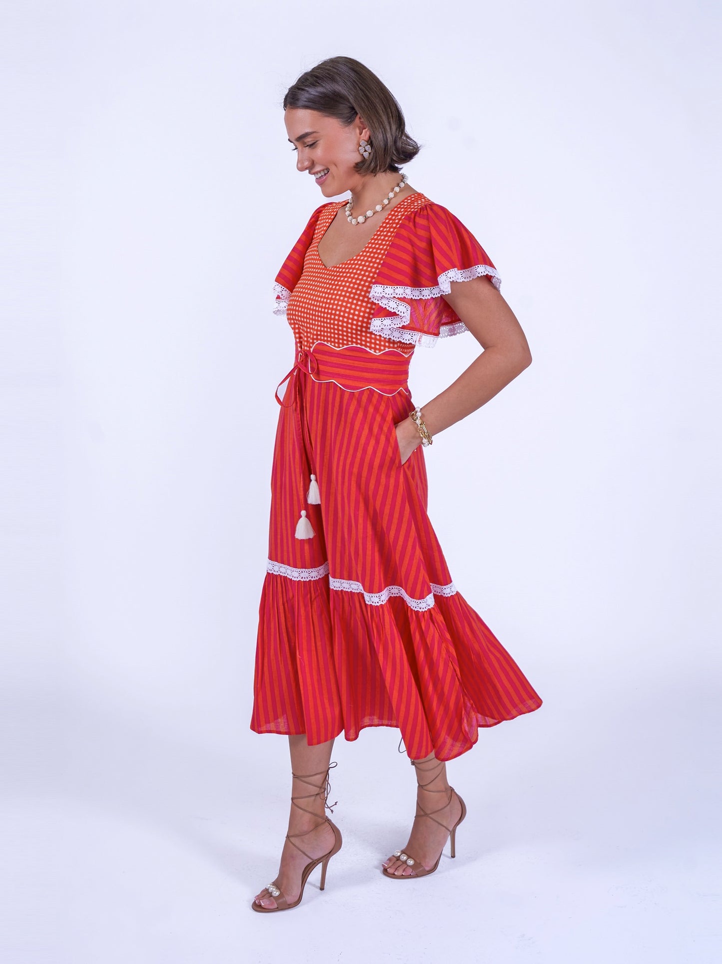 'FEATHER' DRESS IN ORANGE/ PINK STRIPE