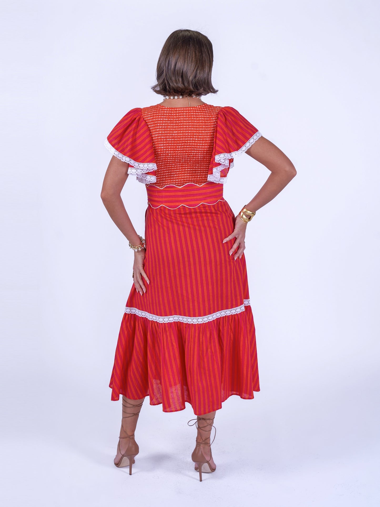 'FEATHER' DRESS IN ORANGE/ PINK STRIPE