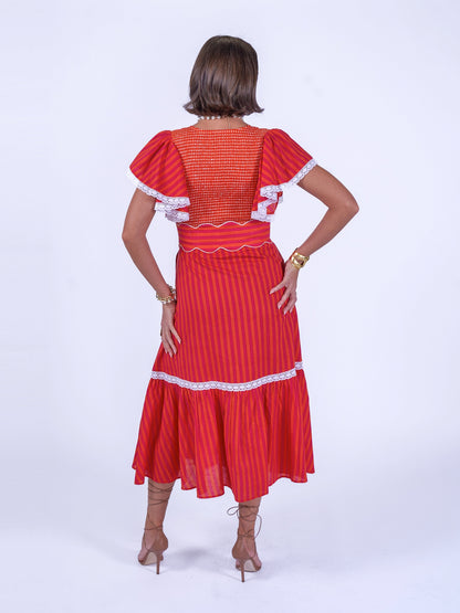 'FEATHER' DRESS IN ORANGE/ PINK STRIPE