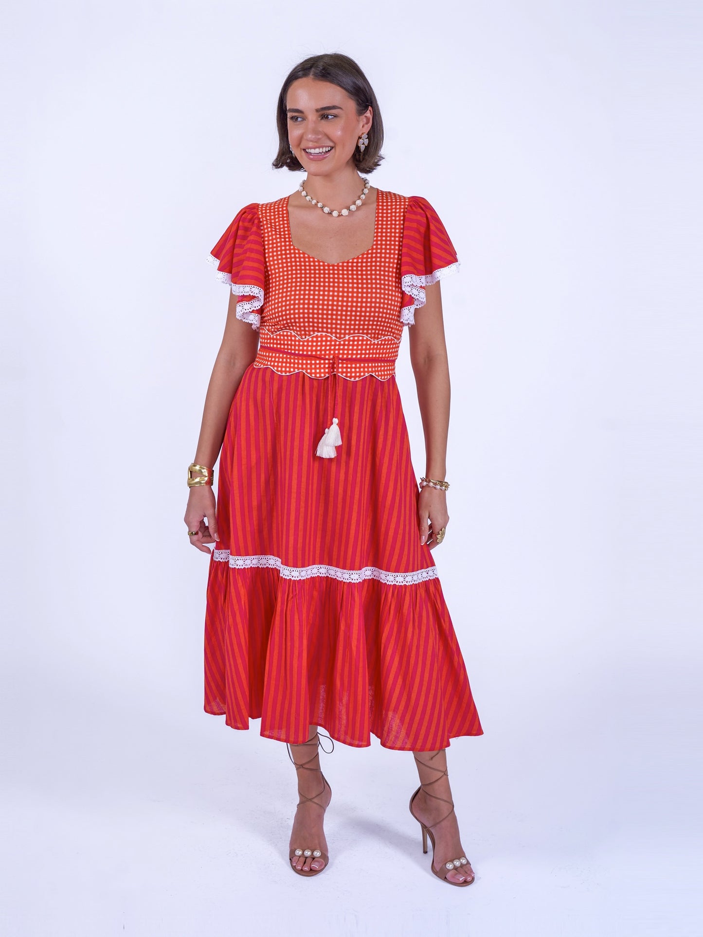 'FEATHER' DRESS IN ORANGE/ PINK STRIPE